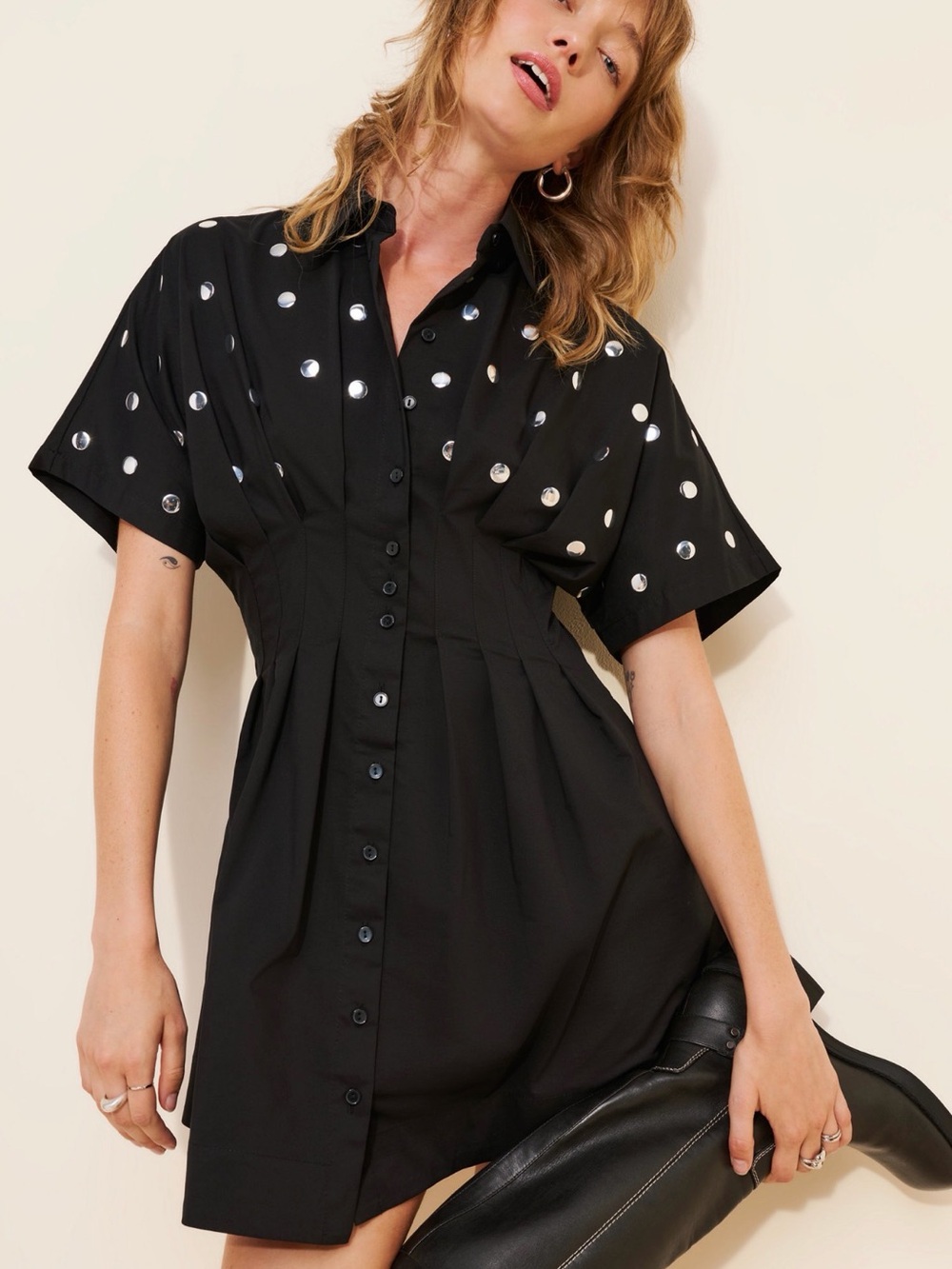 Exquise Anthropologie The Tobie Studded Mini Shirt Dress Black L Excellent Cond